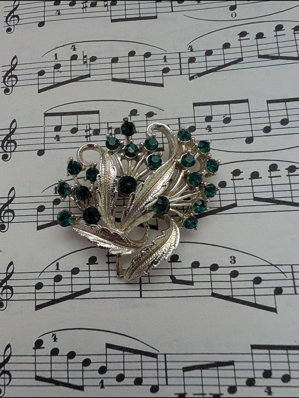 Silver-Tone Green Crystal Floral Brooch - Women Jewelry